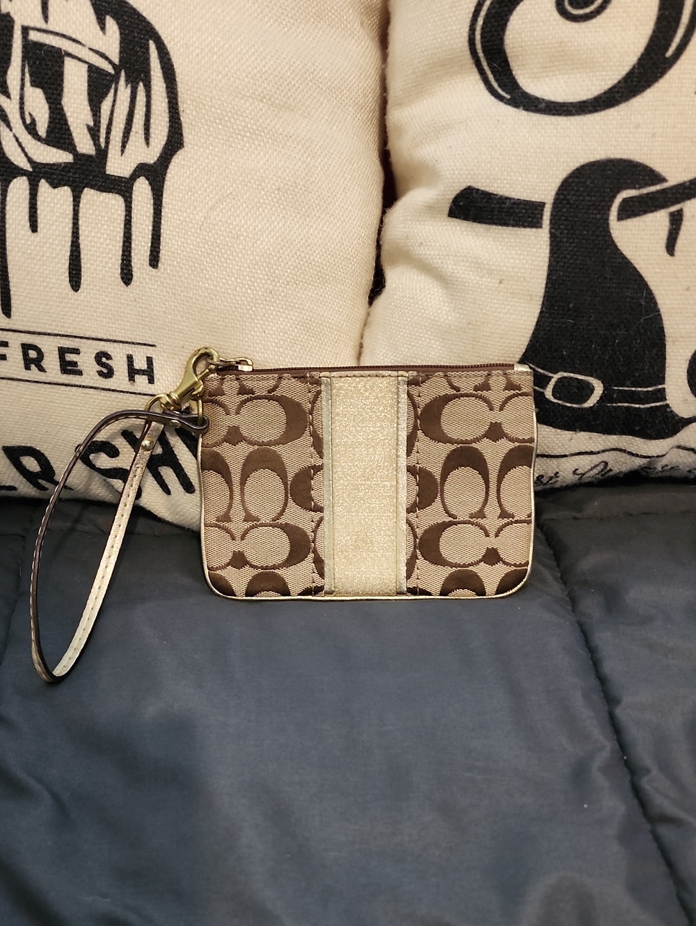 Coach Brown Signature Canvas Card Case with Gold Stripe Wristlet